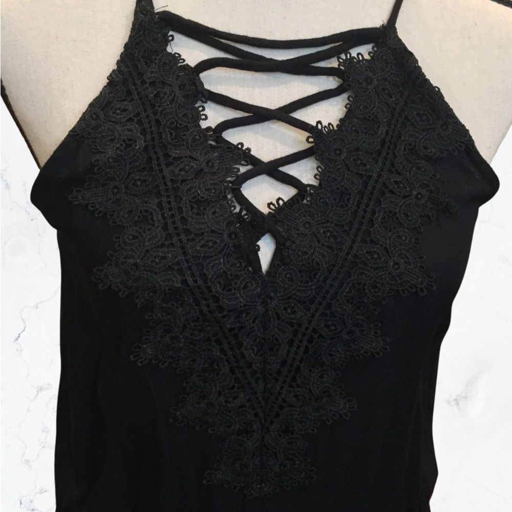 NWT, Elan Black Maxi Dress w/Centered Split Leg and Crocheted Laced Top - Small - Picture 5 of 9